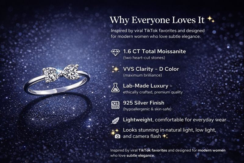 Moissanite Heart Bow Ring – 1.6 CT Total Lab-Made Luxury • Born in Paris